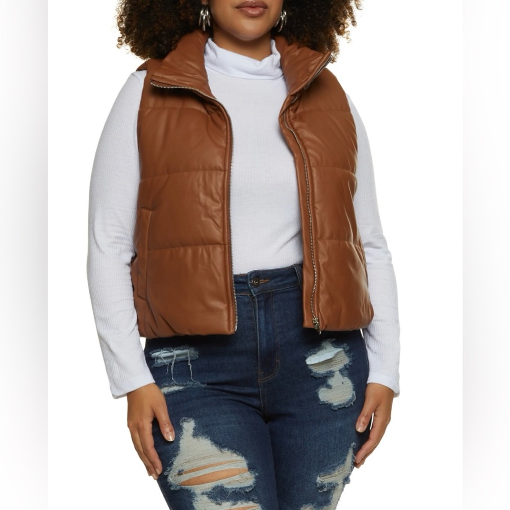 Faux Leather Zip Front Puffer Vest - Cognac